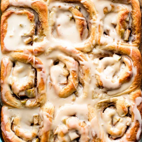 apple cinnamon rolls in a casserole dish