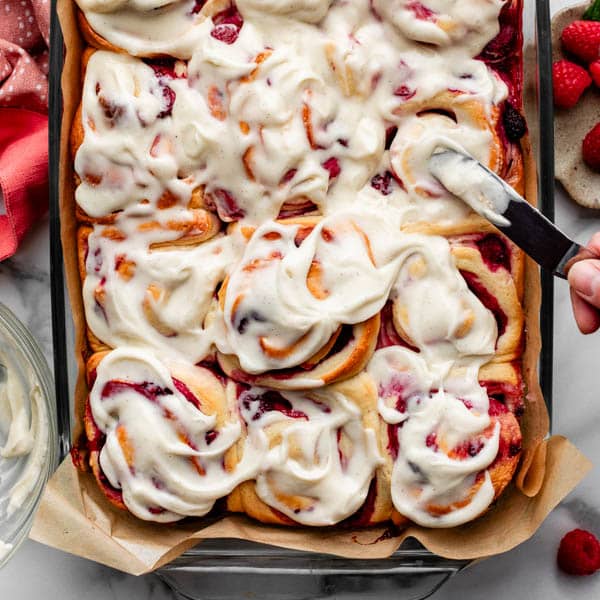 pan of raspberry sweet rolls