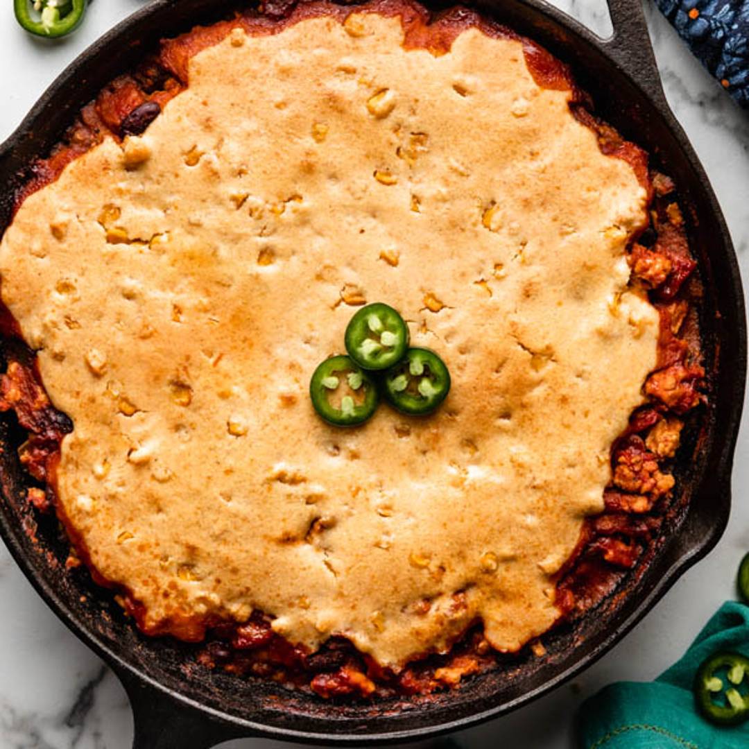 cornbread chili in skillet