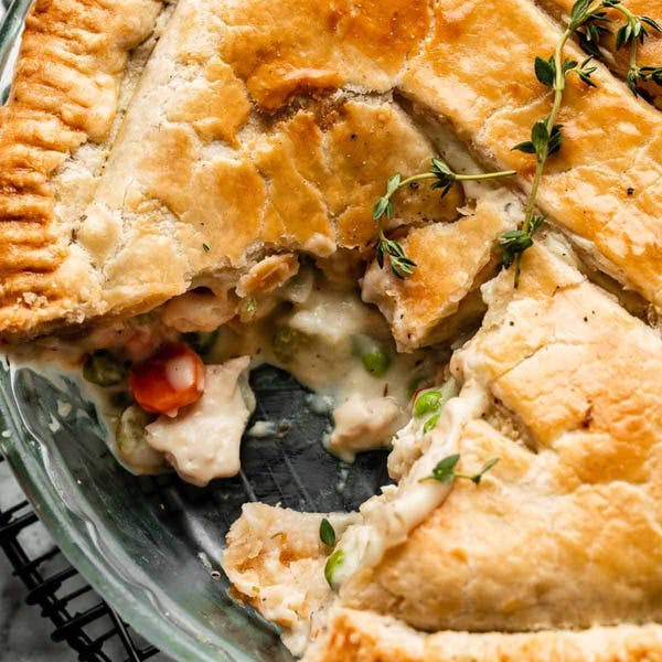 chicken pot pie with a slice taken out