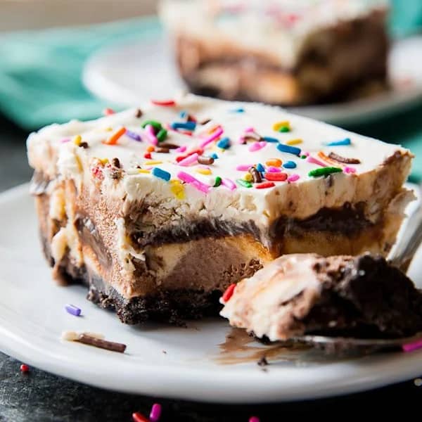 layered ice cream cake with sprinkles