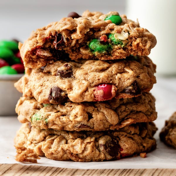 stack of flourless monster M&M cookies