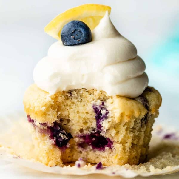 lemon blueberry cupcake with a bite taken out