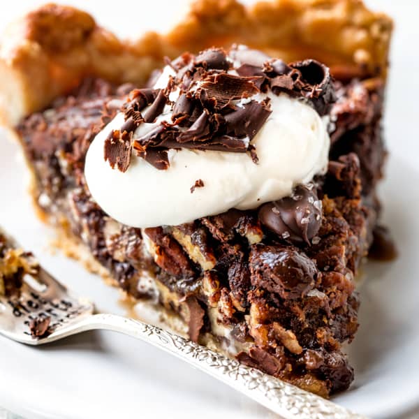 dark chocolate pecan pie slice