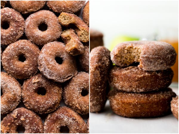 two pictures of apple cider donuts