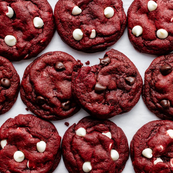 Red velvety cookies with white and regular chocolate chips