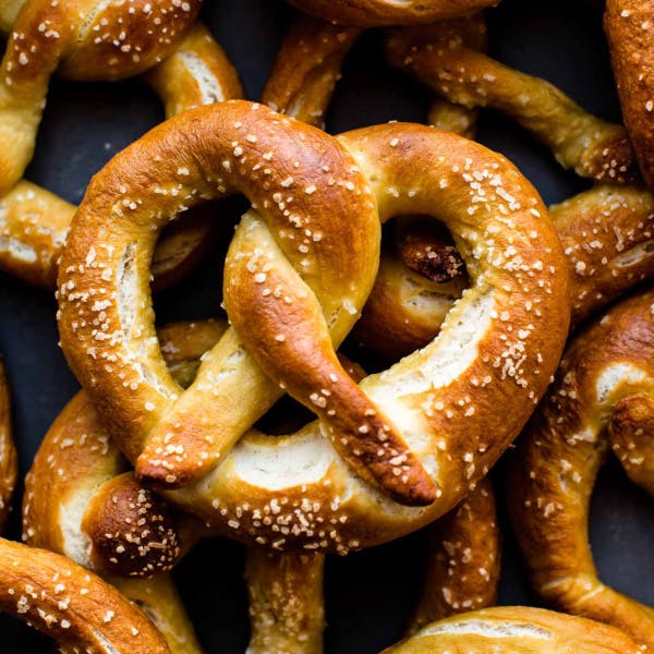 golden brown soft pretzels with salt