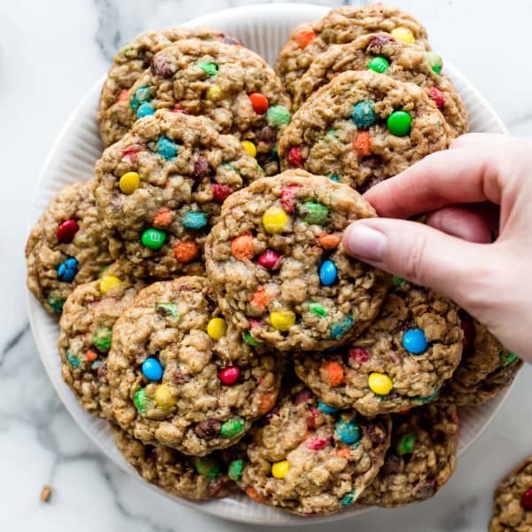 picture of chewy oatmeal M&M cookies