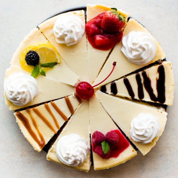 cheesecake slices with various toppings