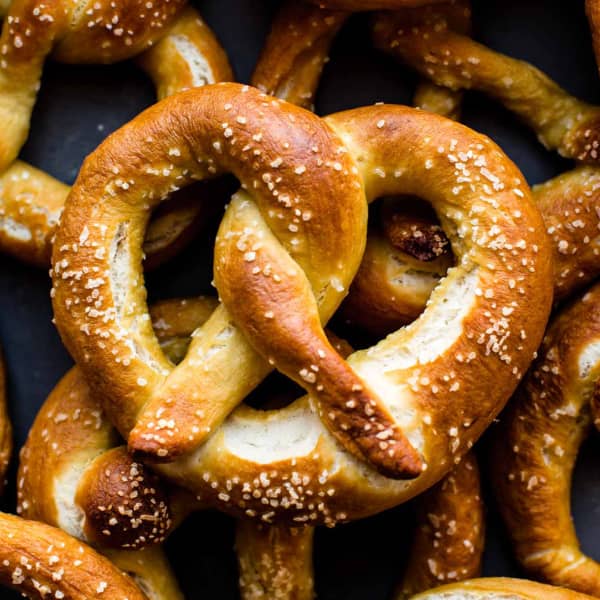 golden brown soft pretzels with salt