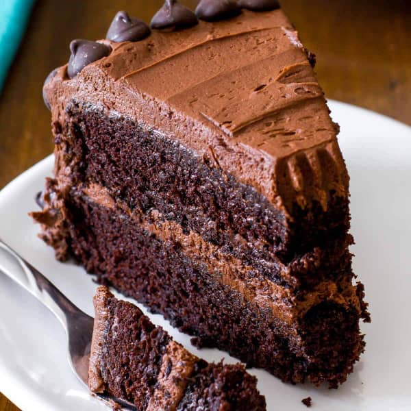 slice of chocolate cake with chocolate frosting and chocolate chips