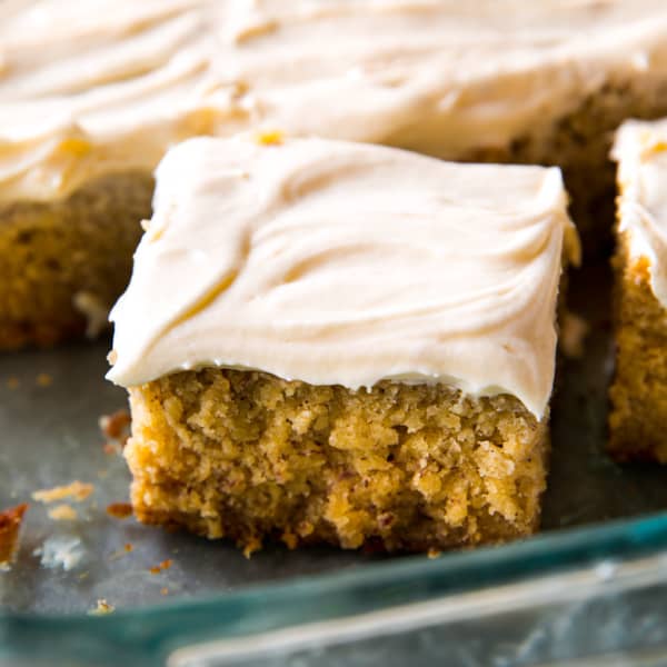 slice of banana cake with cream cheese frosting