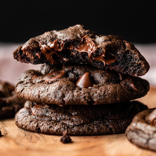 stack of double chocolate chip cookies