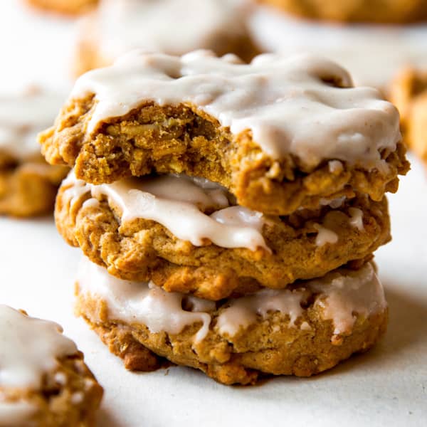 picture of a stack of brown butter pumpkin oatmeal cookies