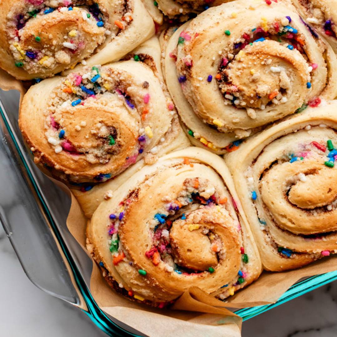 birthday cake cinnamon rolls after baking