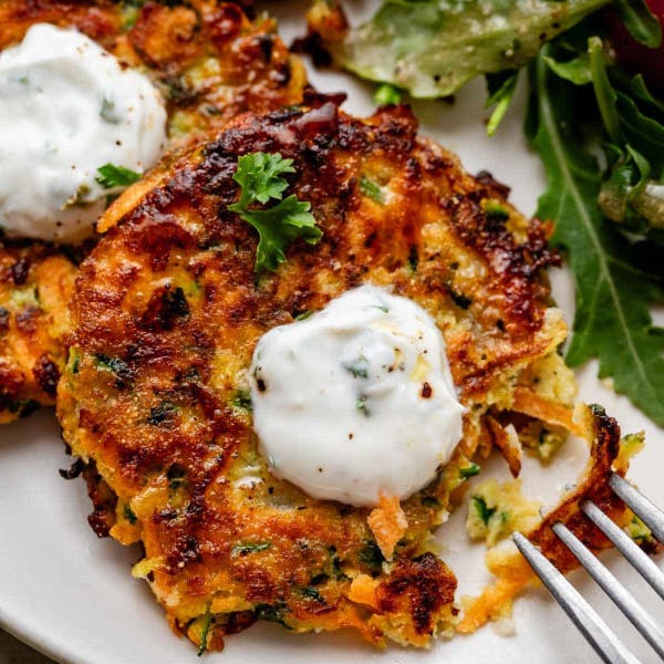 crispy zucchini & sweet potato fritter with yogurt sauce