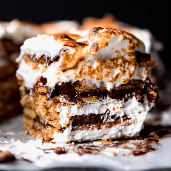 s'mores icebox cake with toasted marshmallow