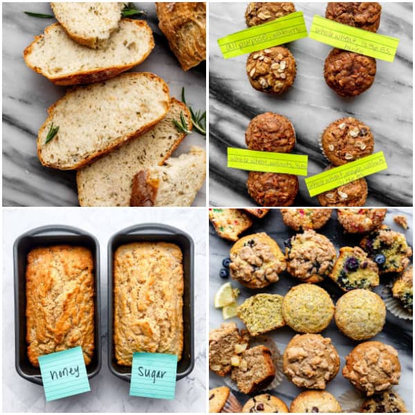 collage of various baked goods including bread and muffins