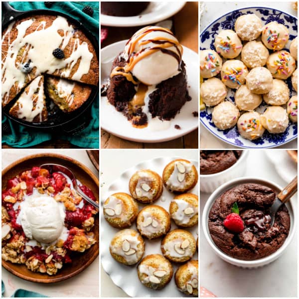 collage of desserts including chocolate fudge cakes, lava cake, lemon cookies, and almond tea cakes