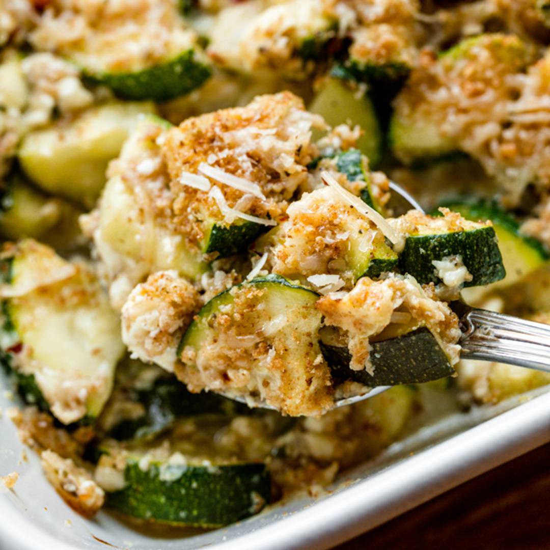 Picture of a spoonful of feta zucchini casserole 