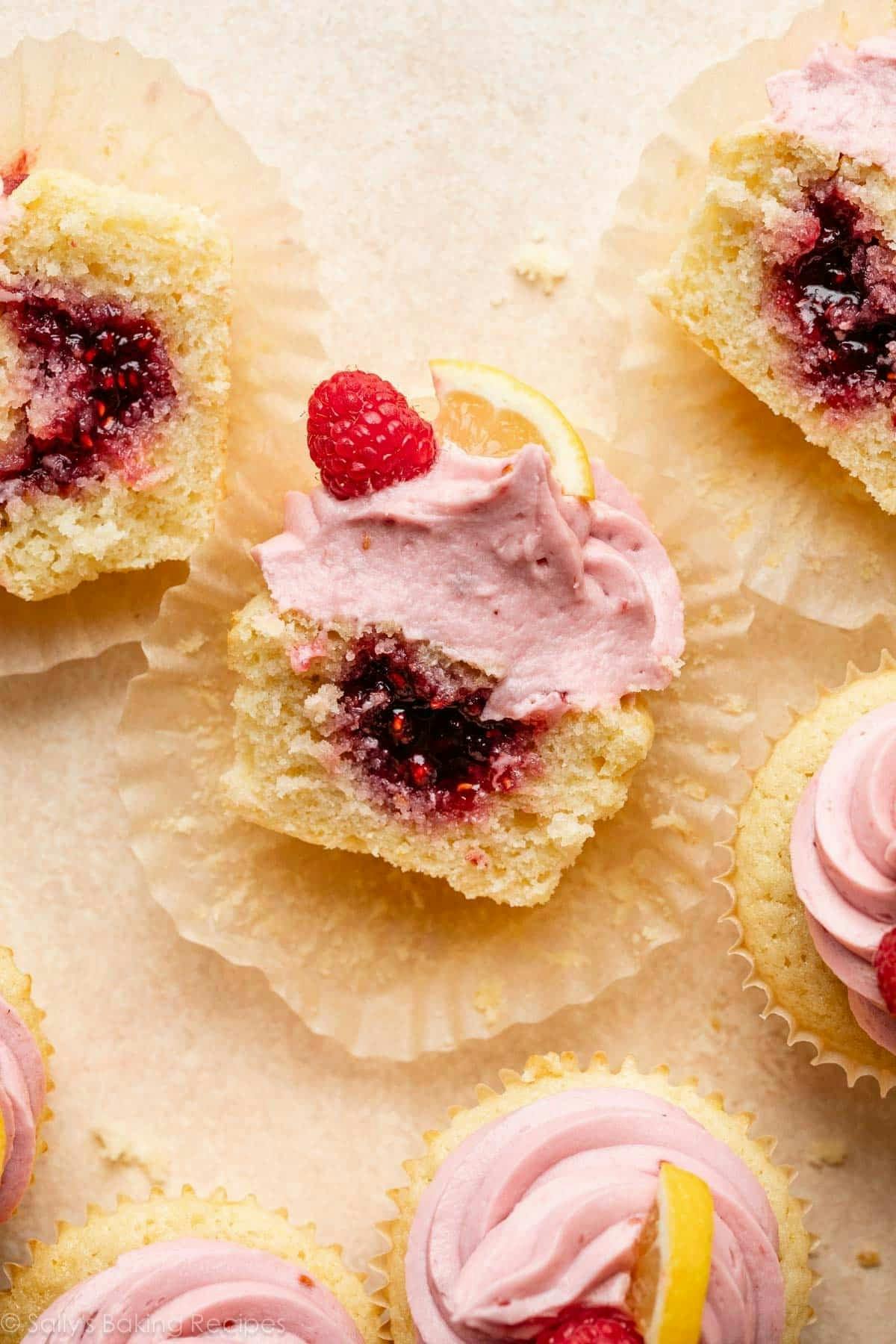 lemon raspberry cupcakes filled with raspberry jam