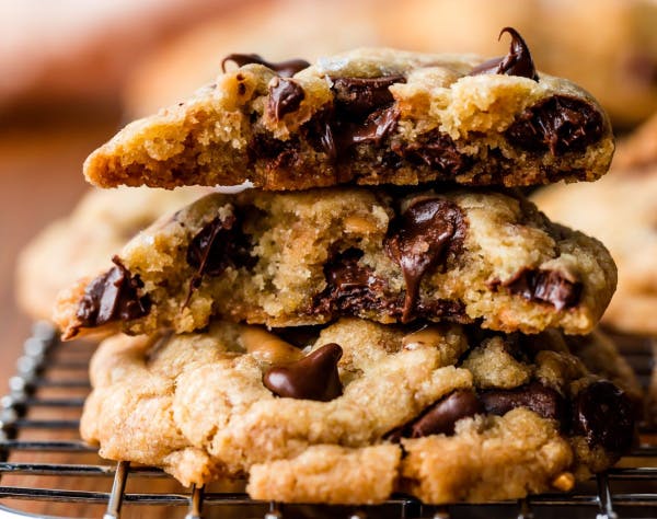 picture of three brown butter toffee chocolate chip cookies