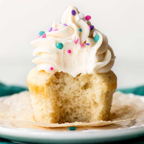 vanilla buttercream on a vanilla cupcake