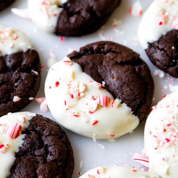 picture of peppermint mocha cookies with candy cane crumbs and white chocolate