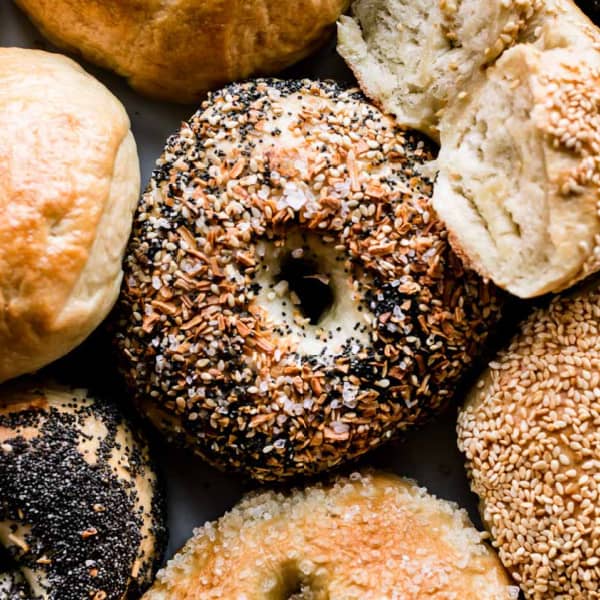 homemade bagels with various toppings