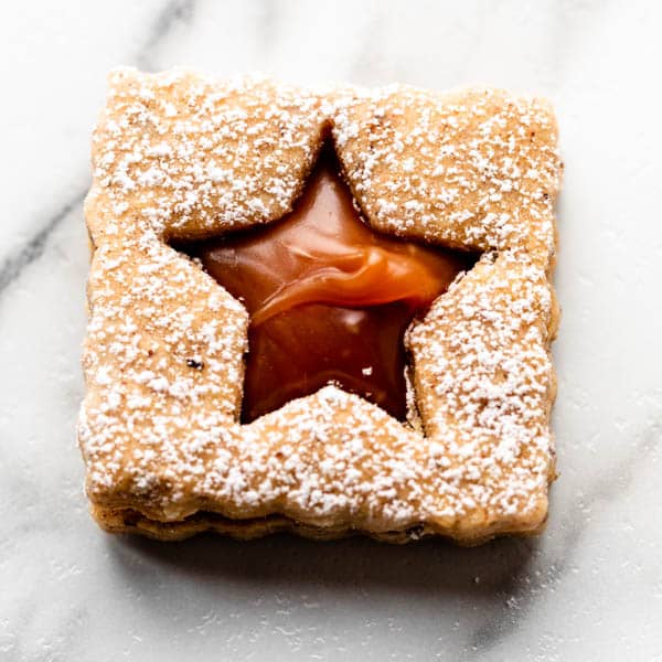 caramel hazelnut linzer cookies