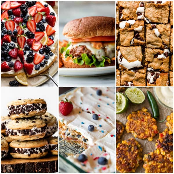 fruit pizza, burger, smores bars, mixed berry cake collage
