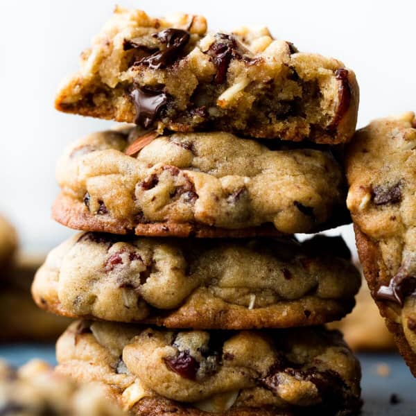 picture of a stack of chocolate cranberry almond cookies