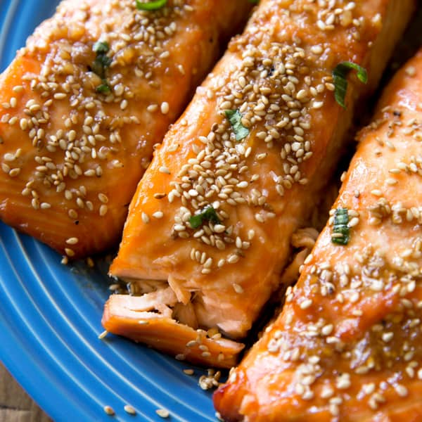 maple sesame salmon on blue plate