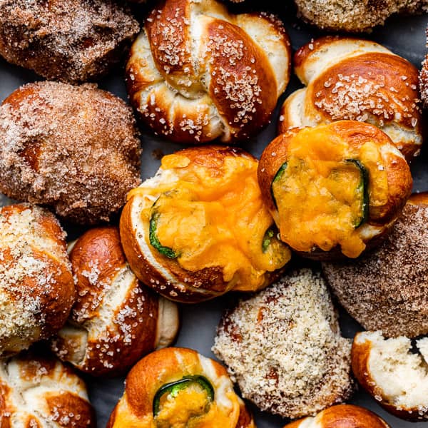 soft pretzel knots with various toppings