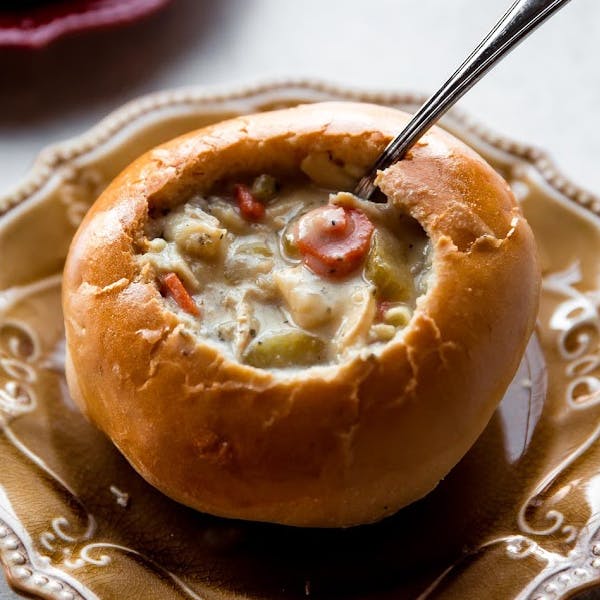 picture of a bread bowl filled with soup