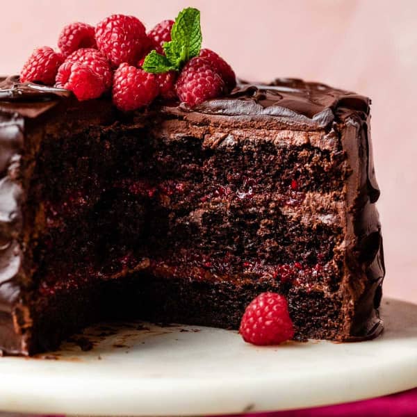 Three layer chocolate cake with raspberry filling