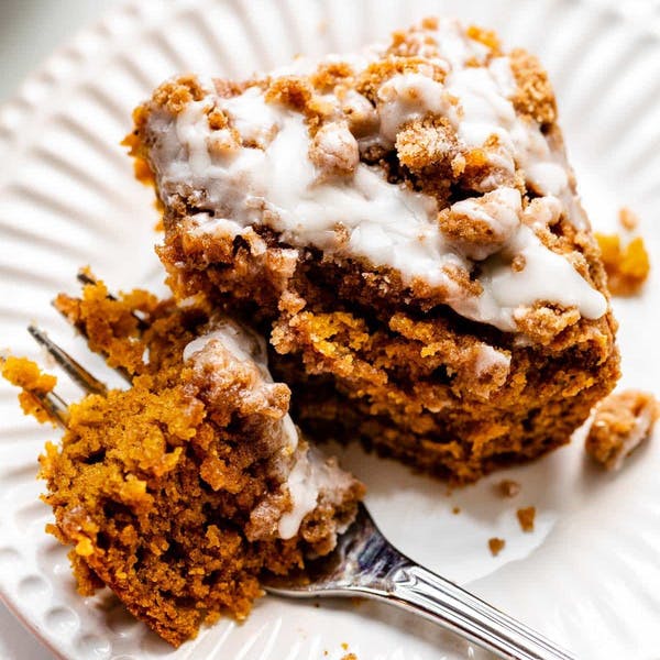 pumpkin coffee cake slice with icing