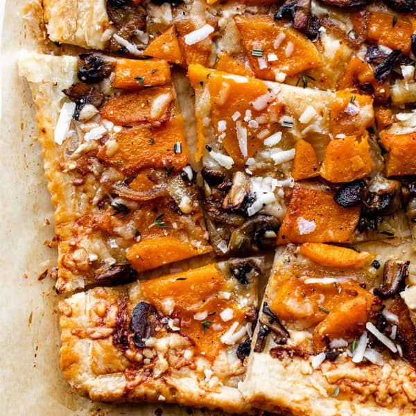 slices of butternut squash and mushroom tart