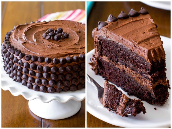 two pictures of chocolate layer cake