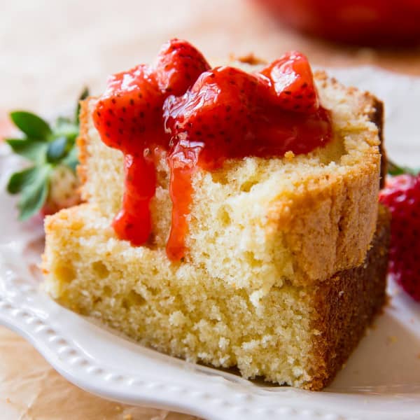 picture of brown butter pound cake with strawberry compote