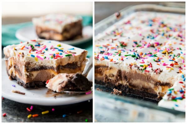 two pictures of 5 layer ice cream cake