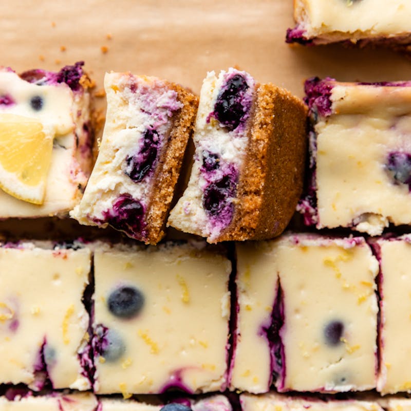 overhead photo of lemon blueberry cheesecake bars