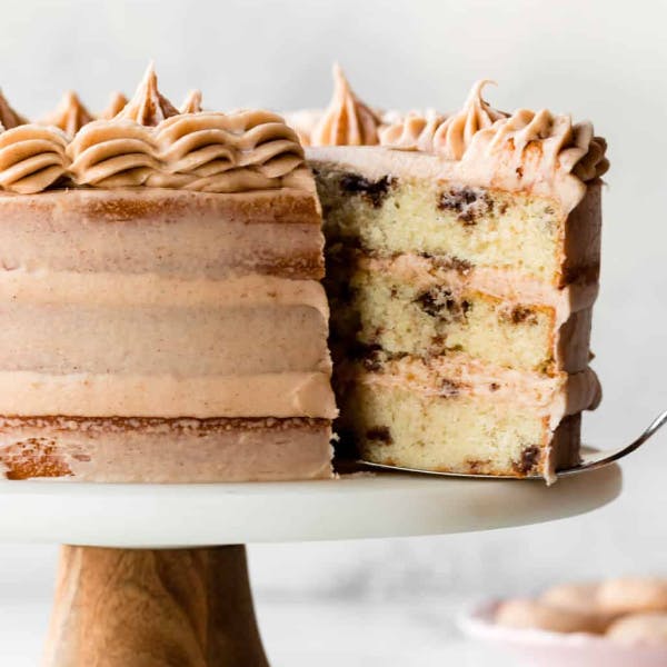 3-layer snickerdoodle cake on a cake stand