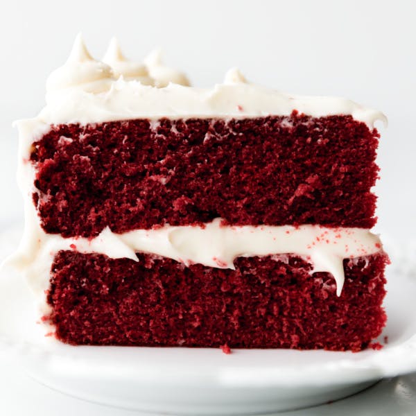 red velvet cake slice on a white plate
