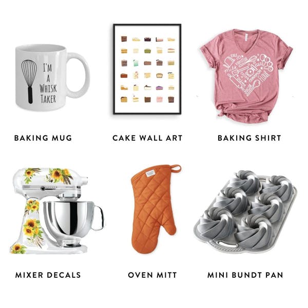 collage of baking gifts including oven mitt, mini Bundt pan, and mixer decal