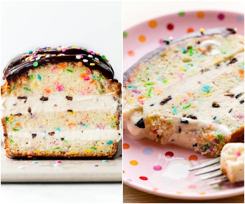 two pictures of ice cream loaf cake