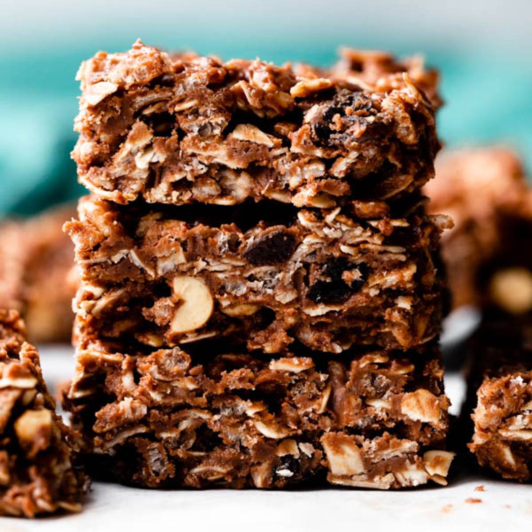 stack of three no bake chocolate oat bars