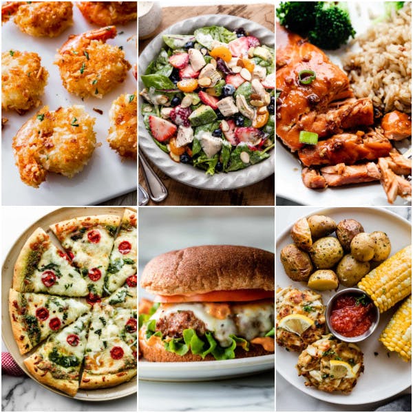 collage of dinner recipes including coconut shrimp, chicken berry salad, and crab cakes