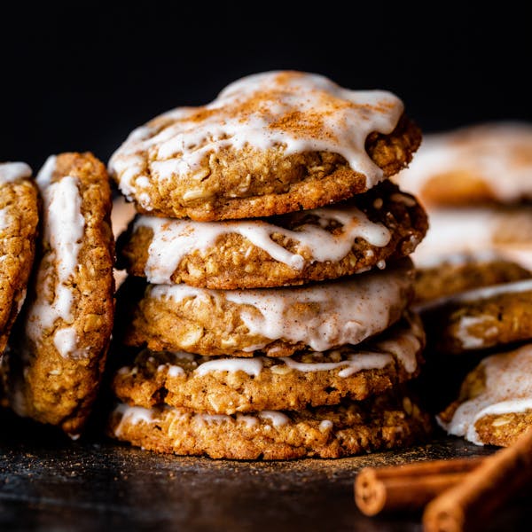 stack of iced gingerbread oatmeal cookies