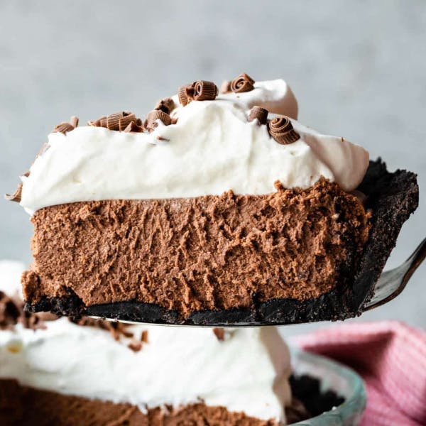 slice of French silk pie on an Oreo crust